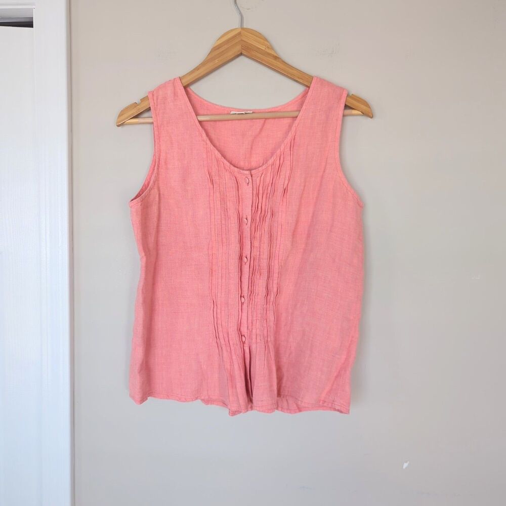 J. Jill Pink Pintucked Sleeveless 100% Linen Button Up Top Medium Beachy Resort